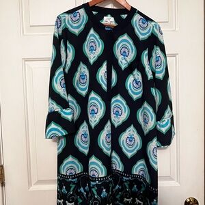 Crown & And Ivy Navy Blue Aqua Damask Monkey Peacock Dress Henley size 16